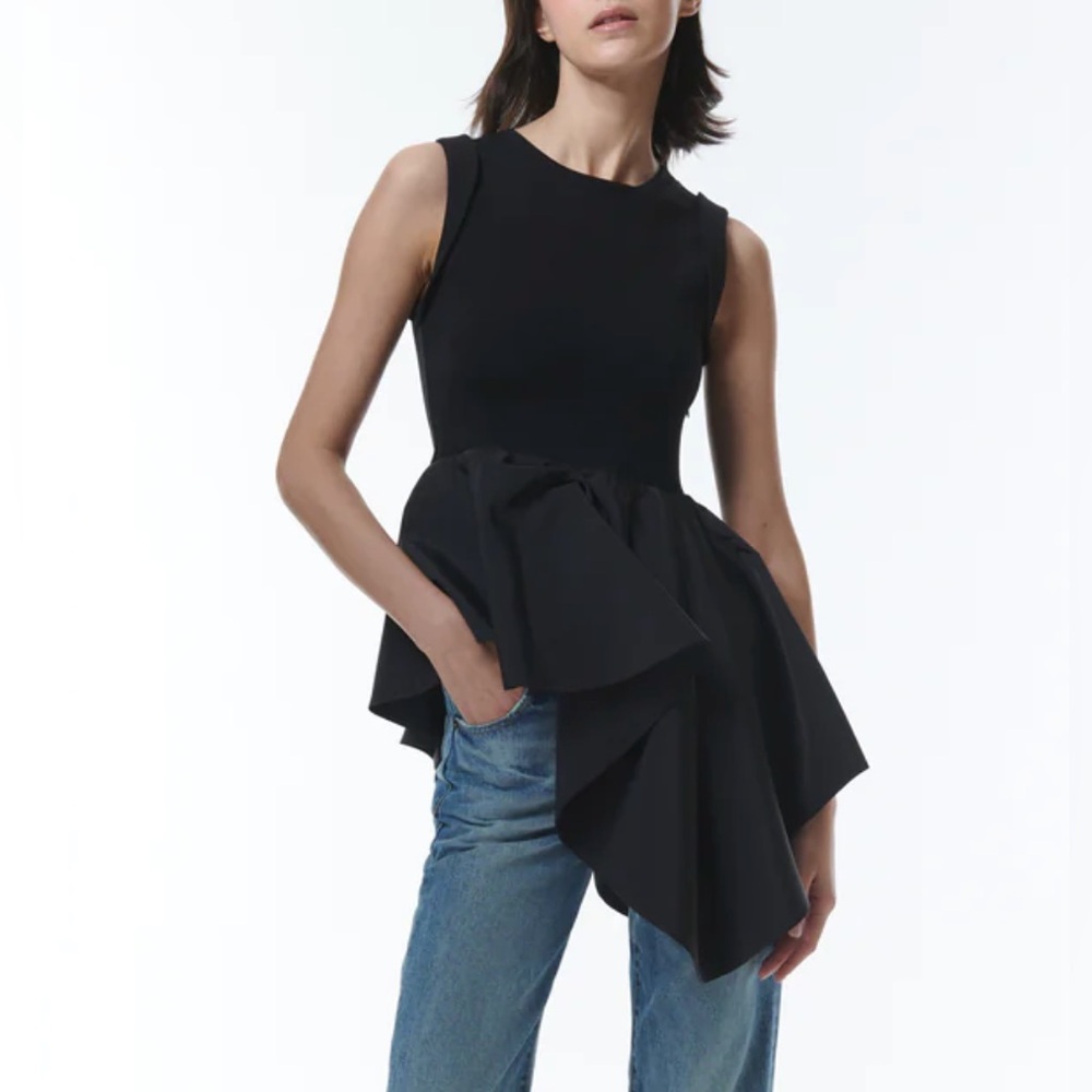 NWT THEO Aphrodite Peplum Black Asymmetrical Top SZ S Retails $275